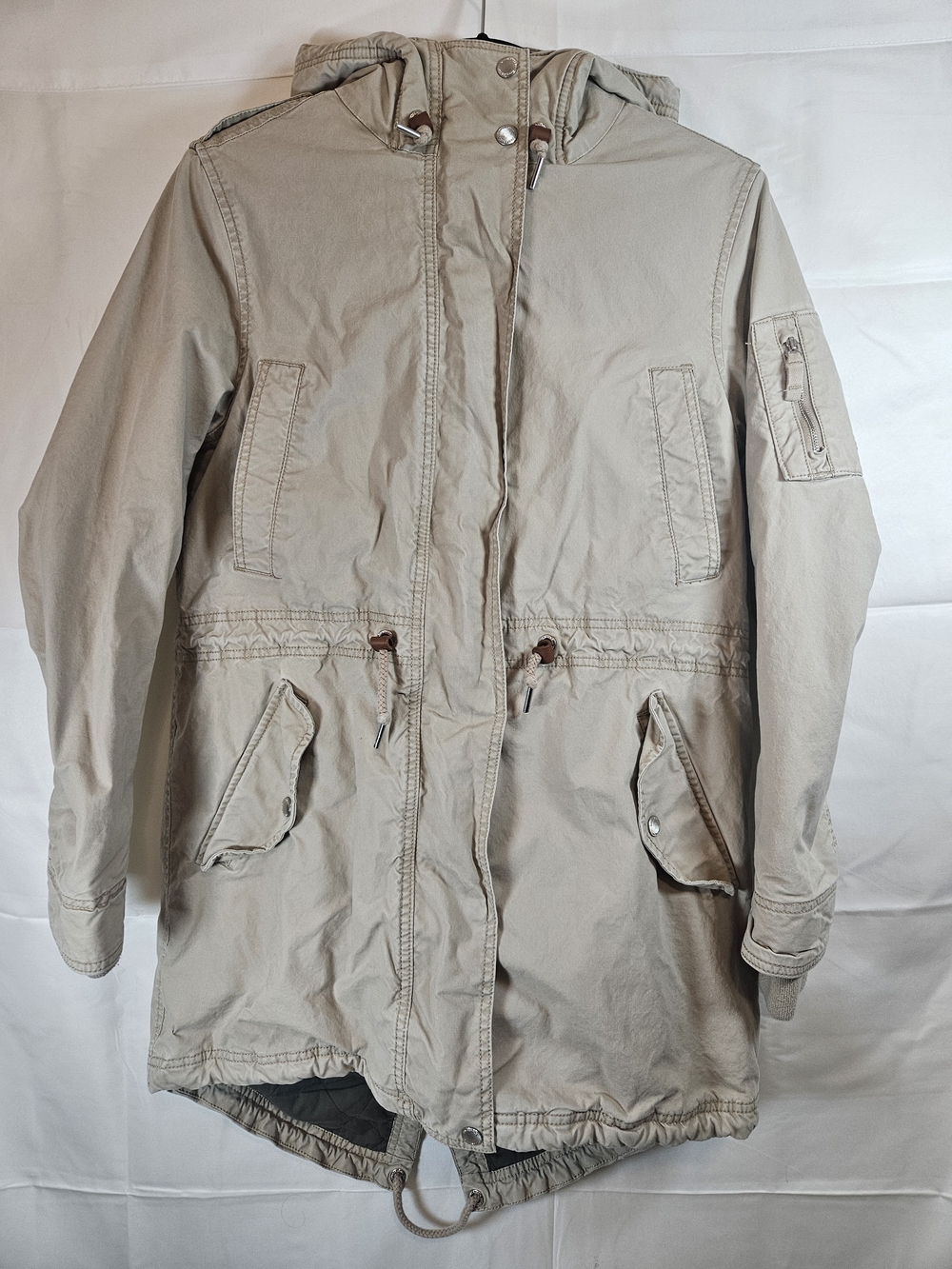 Timberland Beige/Tan Military Field Jacket with Hood Fleece Lined Utility Cargo